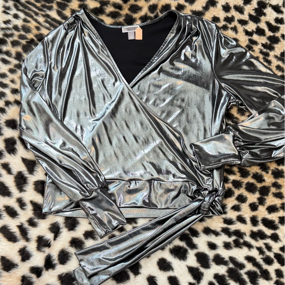 Chelsea28 Shimmering Silver Wrap Blouse